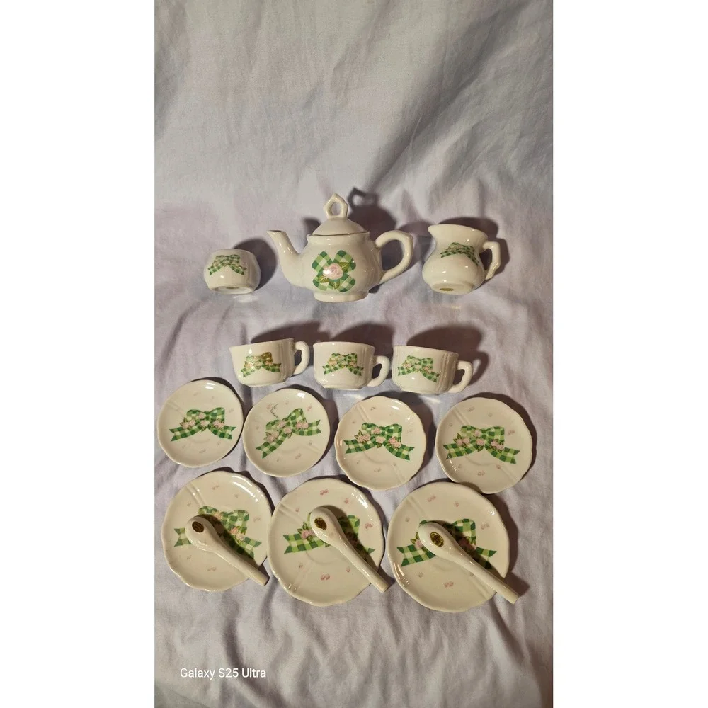 Miniature Porcelain Tea Set Green Gingham Bow Pink Rose Floral 17pc Collection